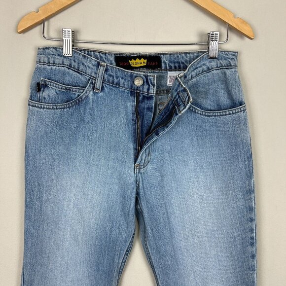 Todd Oldham Jeans 7x33 Blue Flare Leg Bell Bottom Mid Rise Denim 90s Y2K Hippie - Picture 14 of 15
